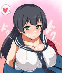 after_paizuri agano_(kantai_collection) black_hair blush breasts cum cum_on_body cum_on_breasts cum_on_clothes cum_on_upper_body facial female gloves green_eyes heart heart-shaped_pupils isemagu kantai_collection large_breasts long_hair looking_at_viewer necktie open_mouth paizuri paizuri_under_clothes pleated_skirt school_uniform skirt smile solo solo_focus spoken_heart symbol-shaped_pupils