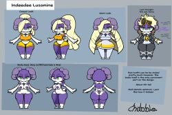 blonde_hair chabble cosplay english_text guzma_(pokemon) indeedee jacket long_hair lusamine_(pokemon) pokegirl_as_pokemon pokemon pokemon_(species) pokemon_sm ponytail post_transformation reference_sheet short_tail shortstack sunglasses tail text