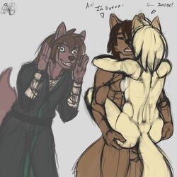 2017 ass breasts brown_fur canine closed_eyes clothed clothing clovis_(twokinds) dialogue english_text female fox fur grey_background grin heterochromia hybrid male mammal natani nude seff sex sideboob simple_background sketch smile stand_and_carry_position standing straight tan_fur text twokinds wolf zen_(twokinds)