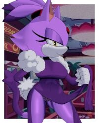 absurd_res ass_peek bedroom_eyes big_breasts blaze_the_cat dress dress_lift forehead_gem hair_up highres inviting lace_panties naked_cake123 orange_eyes panties panty_peek purple_fur sega shoulder_tuft sonic_(series) sonic_the_hedgehog_(series) strawberrycake_(artist) tail the_murder_of_sonic_the_hedgehog thighs train_interior