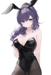 1girls ai_generated asahina_mafuyu belly_button big_breasts blush blush breasts breasts breasts breasts_out bunny_ears bunny_girl bunnysuit cleavage clothed clothing female female_focus female_only high_resolution highres looking_at_viewer naked navel navel_visible_through_clothes partially_clothed partially_clothed_female partially_nude partially_undressed pov project_sekai purple_eyes purple_hair solo solo_female solo_focus thighs tits_out white_background