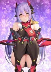 ass big_breasts blush breasts cameltoe clothed crouching female kou45210607 leotard long_hair looking_at_viewer orange_eyes poppi_(xenoblade) poppi_qtpi_(xenoblade) purple_hair robot robot_girl solo stockings thick_thighs thighs xenoblade_(series) xenoblade_chronicles_2