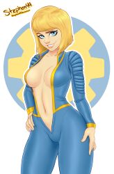 1girls blonde_hair blue_eyes bodysuit breasts cleavage fallout female looking_at_viewer open_clothes short_hair standing vault_girl vault_suit