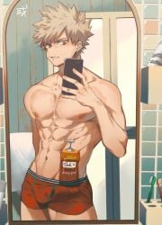 1boy abs aged_up arurun1231 bathroom blonde_hair bulge erection erection_under_clothes katsuki_bakugou male male_only mirror muscular muscular_male my_hero_academia penis_outline red_eyes selfie shampoo_bottle shampoo_challenge smartphone solo solo_male underwear