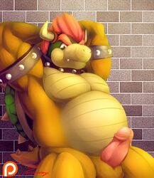 1boy anthro arms_behind_head arms_up balls bowser collar erection horn humanoid_penis koopa male male_only mario_(series) musclegut muscular nintendo nude penis primodrago scalie solo standing tail