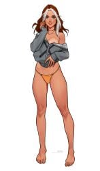 1girls 2d 2d_(artwork) areolae barefoot bikini_bottom breasts brown_hair earrings female female_focus female_only green_eyes hi_res high_resolution highres hoodie looking_at_viewer marvel marvel_comics minko necklace olena_minko rogue_(x-men) simple_background smile smiling_at_viewer solo solo_female solo_focus two_tone_hair white_hair x-men