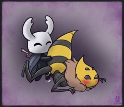 1boy 1girls 2_fingers 4_eyes ambiguous_gender arthropod black_body blush closed_eyes cum cum_inside empty_eyes female hollow_knight insects larger_female lichfang male male/ambiguous melee_weapon penis protagonist_(hollow_knight) purple_background queen_vespa simple_background smaller_male stinger team_cherry wasp weapon yellow_body