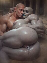1boy 1boy1girl 1girls ai_generated ass bald black_sclera breasts eyeshadow female female_ejaculation green_eyes grey-skinned_female hetero heterosexual lactation large_ass light-skinned_male lipstick looking_at_viewer male massive_breasts monster_girl muscular muscular_female muscular_male oc oiled oiled_body oiled_skin original_character pussy ruins squirting straight teal_lipstick vagina