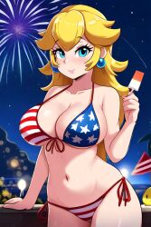 4th_of_july ai_generated american_flag_bikini bikini fireworks mario_(series) night_sky novelai popsicle princess_peach smiling_at_viewer