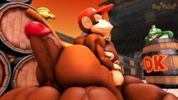 2024 3d_(artwork) anthro anthro_on_anthro ass balls barrel bedroom_eyes big_balls big_butt big_penis blue_eyes brown_body brown_fur clothing crown diddy_kong digital_media_(artwork) donkey_kong_(character) donkey_kong_(series) duo_focus erection fur genitals glans green_body green_scales group half-closed_eyes haplorhine hat hat_only headgear headgear_only headwear headwear_only hi_res humanoid_genitalia humanoid_penis interspecies k_rool kremling larger_anthro larger_male looking_back looking_down male male/male male_on_bottom male_on_top mammal monkey mostly_nude muscular muscular_anthro muscular_male narrowed_eyes nintendo on_bottom on_top penis primate red_clothing red_eyes red_glans red_hat red_headwear roythepichu scales scalie seductive short_stack shoulder_grab size_difference smaller_anthro smaller_male tan_body tan_fur tan_inner_ear tan_scales thick_thighs trio vein veiny_penis