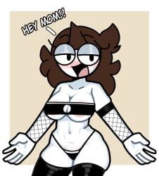 1girls accurate_art_style areola_slip areolae black_clothes black_eyes black_legwear black_panties black_thighhighs black_underwear blush breasts brown_hair cleavage clothing cowboy_shot english_language english_text female female_only fishnet_gloves fishnets gloves jaiden jaiden_(jaiden_animations) jaiden_animations jaidenanimations large_breasts legwear long_hair looking_at_viewer navel open_mouth pantsu smile solo steca strapless text thelazyart thighhighs thighs underwear wardrobe_malfunction youtube youtuber youtuber_girl youtubers