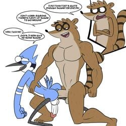 anal_penetration anal_sex anthro anthro_only anthro_penetrating_anthro anus ass avian balls bird blue_jay cartoon_network corvid don_(regular_show) english_text gay gay_sex interspecies iyumiblue male male_only mammal mordecai_(regular_show) no_humans penis penis_size_difference procyonid raccoon regular_show rigby rigby_(regular_show) speech_bubble stretched_anus text yaoi