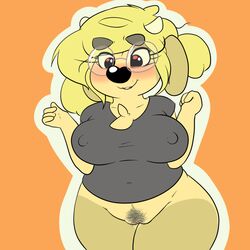 2015 anthro big_breasts blonde_hair blush bottomless bovine breasts cattle chest_tuft clothed clothing eyewear female fur glasses grey_shirt hair horn lydia_hudson mammal nipple_bulge orange_background outline pubes pussy red_eyes shirt simple_background smile solo sprocket_(artist) standing tan_fur tuft wide_hips