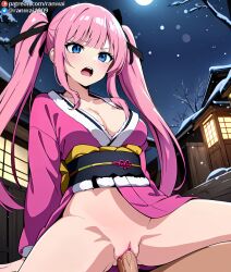 ai_generated blue_eyes cowgirl_position himekawa_nene kimono large_breasts male manga mayonaka_heart_tune penis pink_hair ranwai sex stable_diffusion tune_in_to_the_midnight_heart vaginal_penetration vaginal_sex