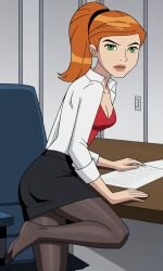 1girls ai_generated ben_10 bigmic145 black_skirt breasts business_suit business_woman female female_focus female_only foot_fetish ginger ginger_hair gwen_tennyson long_hair medium_breasts orange_hair pantyhose red_clothing red_hair shoes