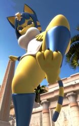 3d 3d_(artwork) _blumblum animal_crossing ankha ankha_(animal_crossing) ankha_(hazeker) anthro disgusted foot_fetish furry giantess imminent_crush looking_at_viewer looming worm's-eye_view