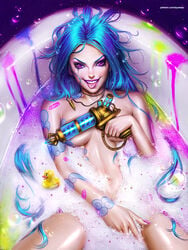 1girls artist_name ayyasap bath bath_toy bathing bathtub blue_hair bubble_bath bubbles covering covering_breasts covering_crotch cyan_hair female gun hair_down hand_between_legs holding_weapon jinx_(league_of_legends) league_of_legends legs_apart long_hair messy nude paint paint_splatter patreon_username pink_eyes pink_nail_polish pink_nails pistol riot_games rubber_duck solo stun_gun taser tattoo tattoos teasing tongue tongue_out very_long_hair