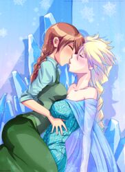 2girls anna_(frozen) big_breasts breast_press breasts cleavage disney elsa_(frozen) female french_kiss frozen_(film) incest kissing medium_breasts melisaongmiqin nephythis-sorrow princess royalty sisters teen teenager young yuri