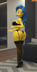 1girls 3d 3d_(artwork) ass bedroom big_ass big_breasts blender blue_hair bra breasts bubble_butt cartoony heels high_heels lingerie long_hair looking_at_ass looking_back marge_simpson milf panties slim_waist smitty34 solo the_simpsons thick_thighs thighhighs wide_hips yellow_body