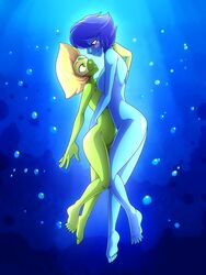 2girls alien alien_girl alien_humanoid blue_hair blue_skin cartoon_network female female/female female_only gem_(species) green_skin lapis_lazuli_(steven_universe) looking_at_another marik_azemus34 marikazemus nude nude_female peridot_(steven_universe) smaller_female steven_universe yellow_hair yuri