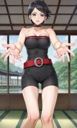 1girls aged_up ai_generated bare_legs bare_shoulders belt bigmic145 black_hair boruto:_two_blue_vortex breasts choker cleavage clothed clothed_female clothing collar earrings female female_only glasses medium_breasts naruto naruto_(series) sarada_uchiha short_hair shorts solo solo_female teen teen_girl teenager