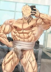 1boy abs armpits bara beard biceps blue_eyes blush bondage bondage bound bulge cellphone censored covered_face dumbbell emoji energy_camdy erection erection_under_clothes facial_hair frown fundoshi granblue_fantasy grey_hair gym hand_on_own_hip huge_pectorals japanese_clothes male_focus male_underwear manly mature_male mosaic_censoring moustache muscular muscular_male nipples pectorals phone ponytail precum precum_drip precum_through_clothes scar solo soriz spiked_hair steam steaming_body sweat sweatdrop teeth testicles thick_arms thick_thighs thighs underwear veins wet wet_clothes wet_male_underwear