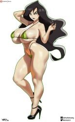 1girls belly_button bikini black_hair cleavage delta26 female female_only green_eyes high_heels kim_possible long_hair revealing_clothes shego shiny_skin skimpy_clothes skindentation solo stomach