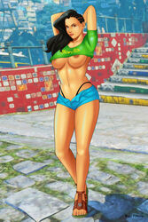 1girls areola_slip areolae arms_up black_hair brazilian brazilian_female breasts capcom dark-skinned_female dark_skin female female_only latina laura_matsuda long_hair red_pyramid redbone shorts solo standing street_fighter street_fighter_v thong underboob video_games whale_tail