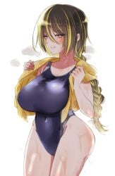 blush braided_hair competition_swimsuit genderswap_(mtf) heart-shaped_pupils horny horny_female large_breasts mannadium_riumheart one-piece_swimsuit rule_63 smile steam thick_thighs towel very_sweaty wet wet_skin wide_hips yu-gi-oh!