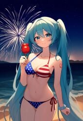 1girls 4th_of_july ai_generated american_flag_bikini aqua_hair bikini blue_eyes breasts candy_apple curvy_figure female female_only fireworks flag_bikini hatsune_miku long_hair navel night_sky novelai smiling_at_viewer solo solo_focus twintails very_long_hair