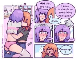 2girls blush choker comic dialogue english_text female/female female_only flustered freckles heart jeans kissing orange_hair panties pantsless purple_eyes purple_hair question_mark straddling welcome_to_heaven wholesome yuri