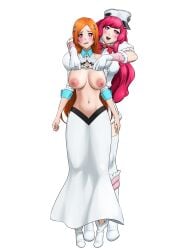 2girls bleach bleach:_the_thousand-year_blood_war breasts breasts_out dressing exposed_breasts hair_ornament hat hypnosis inoue_orihime lifting_shirt looking_at_viewer meninas_mcallon navel nipples open_mouth orange_hair pepe_waccabrada pink_hair undressing unseen_male