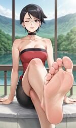 1girls aged_up ai_generated bare_legs bare_shoulders barefoot belt bigmic145 black_hair boruto:_two_blue_vortex breasts choker cleavage clothed clothed_female clothing collar earrings female female_only foot_fetish glasses medium_breasts naruto naruto_(series) sarada_uchiha short_hair shorts solo solo_female teen teen_girl teenager toes