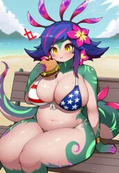 1girls 4th_of_july ai_generated american_flag_bikini beach bench big_breasts breasts burger chubby eating hamburger large_breasts league_of_legends lizard_girl mouth_full mouthful nai_diffusion neeko plump riot_games short_hair sitting slightly_chubby solo solo_female stable_diffusion stomach tail thick_thighs thighs yellow_eyes