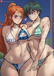 2024 2girls big_breasts bikini blush breast_to_breast breasts crossover female female_only foonie_xd green_hair hourglass_figure jujutsu_kaisen large_breasts long_hair multiple_girls nami nami_(cosplay) nami_(one_piece) nami_(one_piece)_(cosplay) one_piece orange_hair ponytail post-timeskip scar scars short_hair squeezing_breast striped_bikini thick_thighs touching_thigh wide_hips yuri zenin_maki