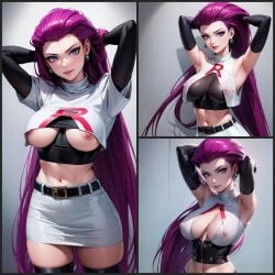 ai_generated big_breasts blue_eyes collage jessie_(pokemon) large_breasts long_hair multiple_views nipple_slip nipples pokemon purple_hair