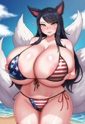 1girls 4th_of_july ahri ai_generated american_flag_bikini animal_ears areola_slip big_breasts black_hair breast_squeeze breasts breasts_bigger_than_head breasts_outside cleavage curvy fox_ears fox_girl gigantic_breasts huge_breasts hyper_breasts large_breasts league_of_legends massive_breasts multiple_tails nai_diffusion riot_games stable_diffusion vastaya voluptuous voluptuous_female whisker_markings white_tail yellow_eyes