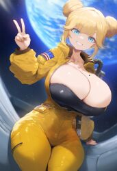 ai_generated astronaut big_breasts blonde_hair blue_eyes bodysuit breasts cleavage double_bun hololive hololive_english hololive_myth huge_breasts large_breasts mole_on_breast peace_sign sideboob thick_thighs tubetop virtual_youtuber vtuber watson_amelia