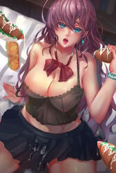 1girls absurdres bare_shoulders blue_eyes bow bowtie breasts cleavage ctrlz77 female female_focus female_only food highres ichinose_shiki idolmaster idolmaster_cinderella_girls large_breasts long_hair looking_at_viewer open_mouth purple_hair revealing_clothes sandwich sitting skirt subway_(franchise) suggestive_fluid tongue tongue_out wavy_hair