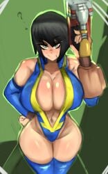 big_breasts black_hair caitdrawsstuff2 cleavage fallout green_eyes lip_piercing looking_at_viewer question_mark short_hair upscaled vault_dweller vault_girl vault_meat