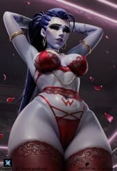 1girls ai_generated amelie_lacroix big_ass big_breasts big_butt lingerie overwatch overwatch_2 pornlandlord purple_skin stockings thick_ass thick_thighs widowmaker