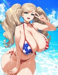 1girls 4th_of_july ai_generated american_flag_bikini ann_takamaki atlus bikini blonde_hair blue_eyes breasts cleavage female hi_res hips huge_breasts long_hair lucyla naughty_face persona persona_5 stable_diffusion thick_thighs thighs wide_hips