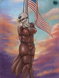 absurd_res accipitrid accipitriform american_flag american_flag_bikini american_flag_panties american_flag_underwear angry anthro ass avian bald_eagle belly belt big_breasts big_butt big_nipples bikini bird bondage bound breasts brown_body clothing crotch_rope detailed_background eagle feathers female flagpole fur gag gagged glistening glistening_body glistening_breasts hi_res huge_breasts humanoid maya_bladewing_(artist) multicolored_body nipples purple_gag restraints rope rope_belt rope_bondage rope_harness sea_eagle shiny_breast sky skyscape slightly_chubby solo swimwear thick_thighs two-piece_swimsuit united_states_of_america white_body white_fur