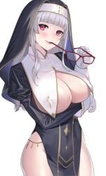 blush breast_curtains breasts cleavage deras dress female_only glasses grey_hair grin habit highres long_hair nun original pelvic_curtain red_eyes side_slit smile solo