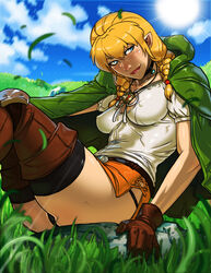 ass blonde_hair boots braids cape clothing elf erect_nipples female footwear ganassa gloves handwear hylian hyrule_warriors linkle nintendo nipples_visible_through_clothing panties perky perky_breasts perky_nipples pointy_ears sitting solo the_legend_of_zelda thin_waist