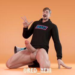 big_penis bottomless bottomless_male fortnite gay hoodie hoodie_only huge_cock mrbeast muscular_legs orange_background pantsless peace_sign penis red_hine red_nehi smile thick_penis