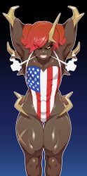 1boy 1femboy 4th_of_july absurd_res american_flag angry angry_face arms_behind_head black_sclera combos-n-doodles dark-skinned_male dark_skin doom femboy girly hdoom imp-tan imp_(doom) leotard looking_at_viewer male male_only red_hair solo spikes teeth_clenched thick_thighs toned toned_male yellow_eyes