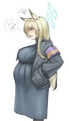 1girls akeggle big_belly big_breasts bloated_belly blonde_hair blue_archive blue_eyes blush clothed clothing coat coffee dog_ears dog_girl female female_only halo hands_in_pockets kanna_(blue_archive) long_hair police pregnant sharp_teeth side_view tired