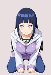 ai_generated black_hair civitai hyuuga_hinata kneeling large_breasts long_hair naruto naruto_(series) naruto_shippuden no_pupils purple_eyes purple_hoodie sandals