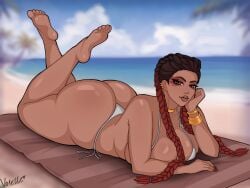 1girls apex_legends ass ass_focus ass_up back beach beach_background bikini breast_press breasts breasts_out dark_hair feet feet_up female female_focus female_only full_body hips latina latina_female laying_down laying_on_ground laying_on_stomach loba loba_(apex_legends) loba_andrade long_hair looking_at_viewer makeup ponytails pressing_breasts sea side sideboob solo solo_female solo_focus swimsuit swimwear thick thick_ass thick_hips thick_legs thick_thighs vo1ette